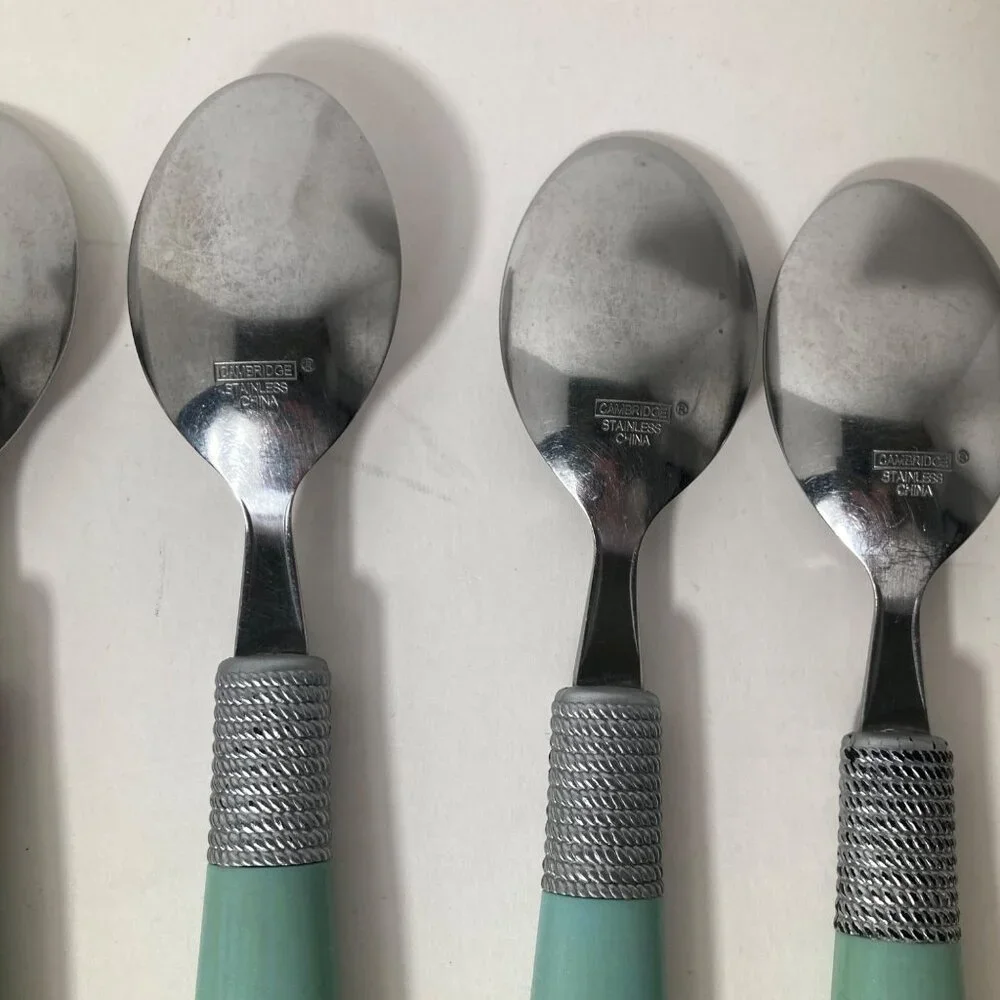 Vintage Cambridge Dinner Spoons Green Stainless Flatware Plastic Handle 7 TBS, 5